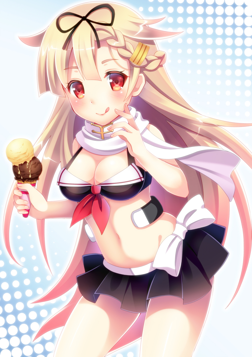 10s 1girl :p bare_shoulders bikini bikini_top_only black_ribbon blonde_hair blush braid breasts female_focus food gradient_hair hair_between_eyes hair_flaps hair_ornament hair_ribbon hairclip highres ice_cream ice_cream_cone kantai_collection long_hair looking_at_viewer miniskirt multicolored_hair navel neckerchief pleated_skirt red_eyes ribbon scarf single_braid skirt smile solo straight_hair suzu suzumia_(daydream) swimsuit tongue tongue_out white_ribbon white_scarf yuudachi_(kancolle) yuudachi_kai_ni_(kancolle) yuudachi_kai_ni_(swimsuit)_(kancolle)