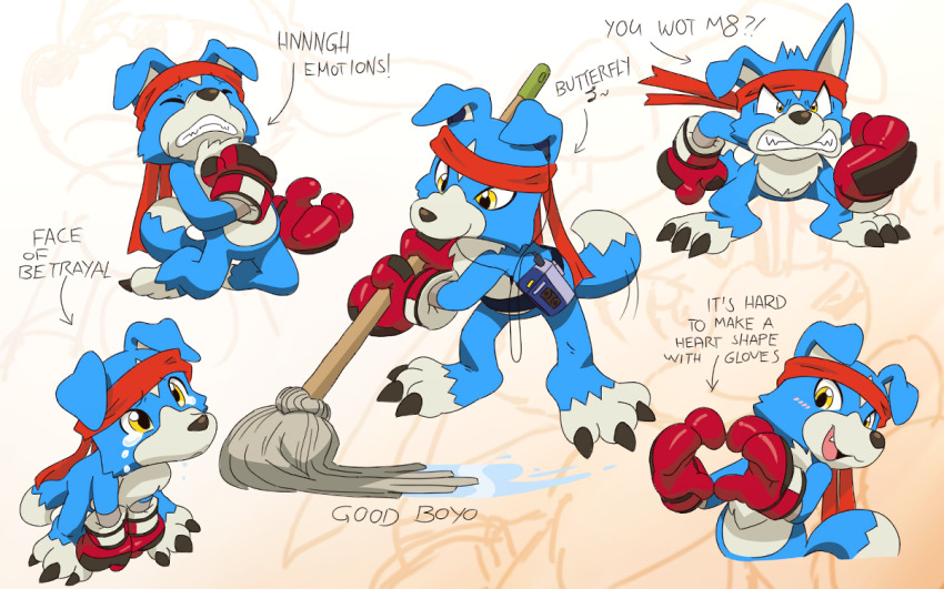 angry animal_feet blue_fur claws commentary digimon digimon_(creature) english_commentary english_text multiple_expressions furry gaomon gloves headband heart heart_hands holding holding_mop mop only_jerry red_gloves red_headband smile tail tears toes yellow_eyes