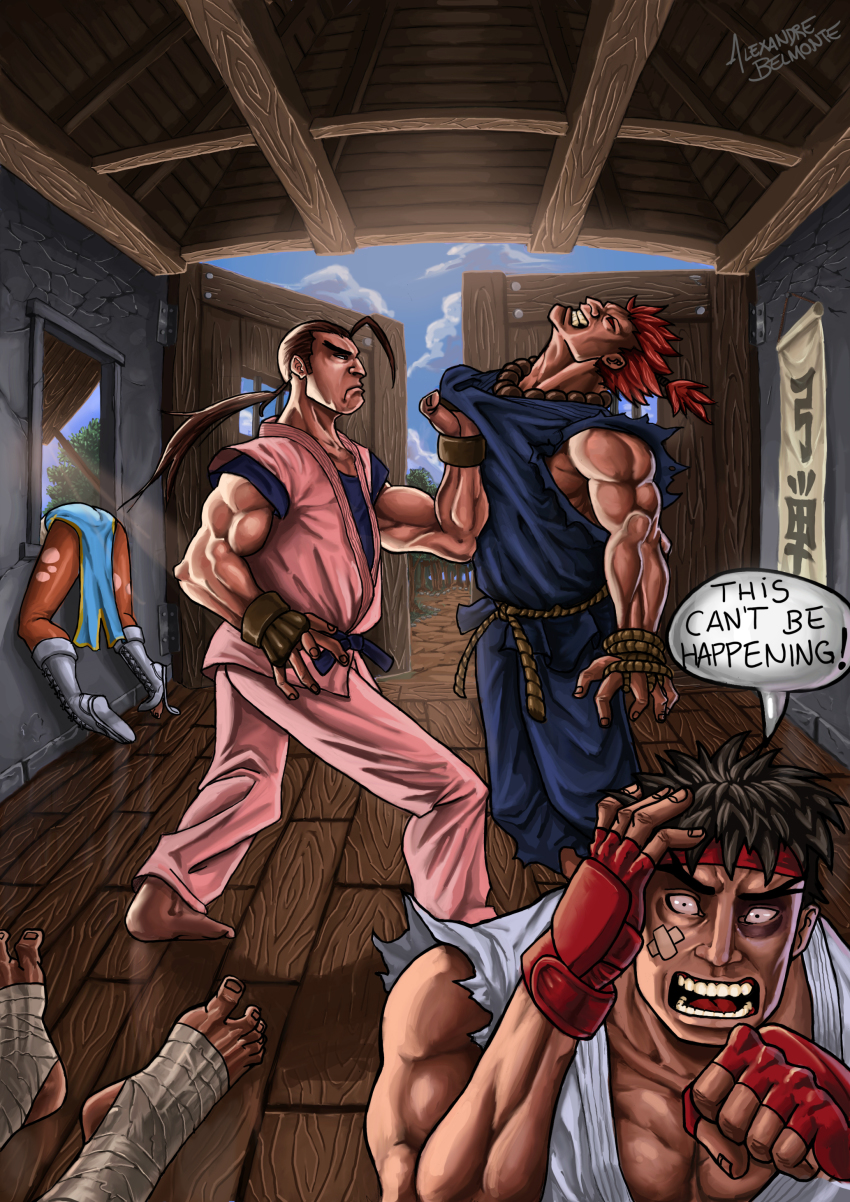 absurdres capcom chun-li akuma_(street_fighter) hibiki_dan highres ryu_(street_fighter) sagat street_fighter violence