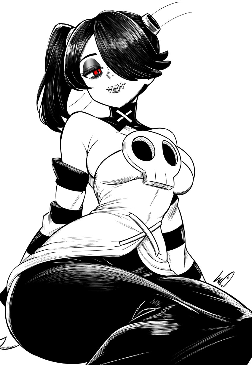 1girl absurdres breasts commentary detached_collar detached_sleeves eyeshadow hair_over_one_eye half-closed_eye highres lips long_skirt lughost makeup medium_breasts pear-shaped_figure side_ponytail signature sitting skirt skullgirls smile solo squigly_(skullgirls) stitched_mouth stitches striped_sleeves tube wide_hips