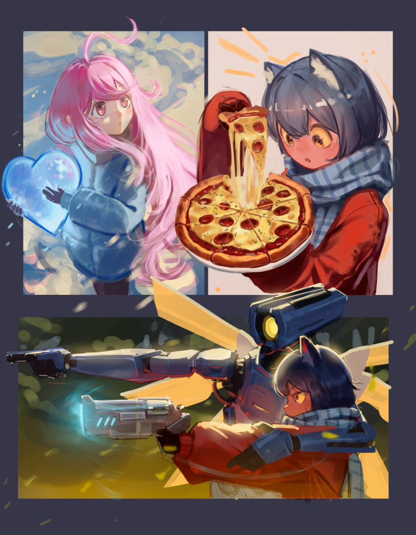 1girl 1other :&lt; :o absurdres ahoge aiming androgynous animal_ear_fluff animal_ears arm_around_shoulder black_gloves black_pants blue_hair blue_jacket blue_scarf brown_coat cat_ears celeste_(video_game) closed_mouth coat colored_sclera commentary cowboy_shot crossover down_jacket english_commentary food from_side gloves gun handgun heart highres holding holding_food holding_gun holding_heart holding_pizza holding_plate holding_weapon humanoid_robot indie_cross jacket long_hair long_sleeves looking_ahead looking_at_food looking_down looking_to_the_side looking_up madeline_(celeste) multiple_crossover multiple_views niko_(oneshot) no_headwear notice_lines oneshot_(game) pants parted_lips pepperoni pepperoni_pizza pink_eyes pink_hair pizza pizza_slice plate pointing robot scarf shadches72 striped_clothes striped_scarf ultrakill upper_body v1_(ultrakill) vertical-striped_clothes vertical-striped_scarf weapon wings yellow_eyes yellow_sclera