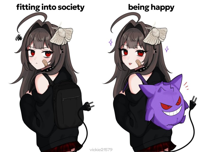 1girl ahoge animal animal_on_head artist_name backpack bag bandaid bandaid_on_cheek bandaid_on_face black_bag black_sweater brown_hair bug cable cable_tail collar electric_plug electric_plug_tail english_text gen_1_pokemon gengar hair_intakes holding_strap insect long_hair long_sleeves looking_at_viewer looking_back mechanical_tail miniskirt mole mole_under_eye moth multiple_views nintendo on_head original plaid_clothes plaid_skirt pokemon purple_bag red_eyes red_skirt simple_background single_off_shoulder skirt sparkle spiked_collar spikes sweater tail tail_raised upper_body vickie_(cryingrobot) vickie_(cryingrobot)_(character) white_background