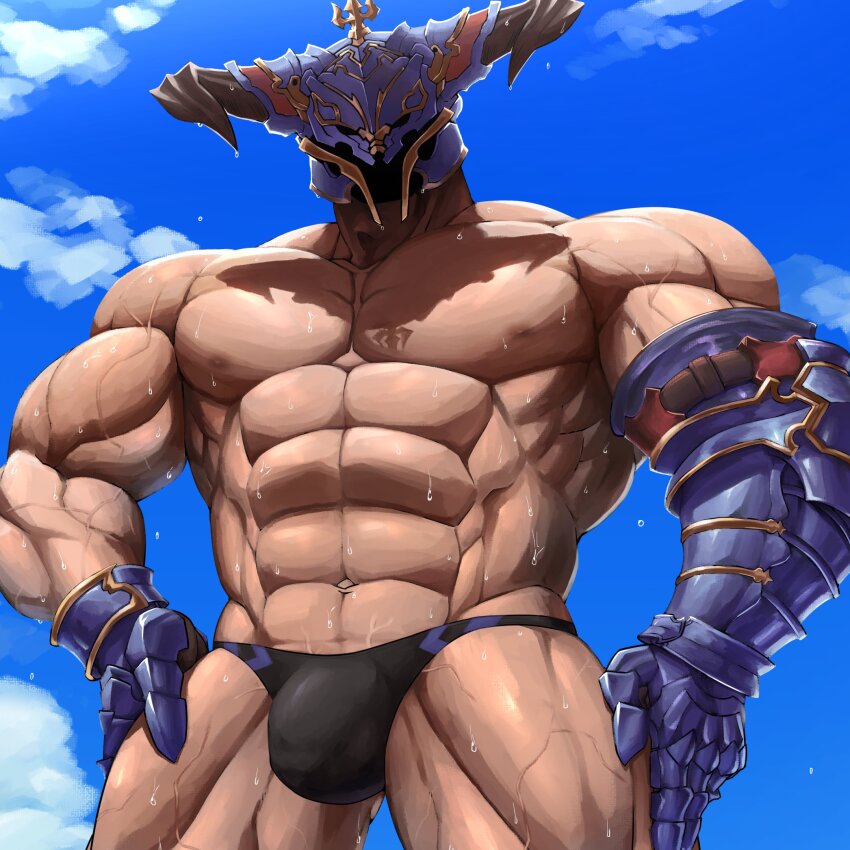 1boy abs bara black_male_swimwear bulge cloud cowboy_shot edamamego fake_horns gauntlets granblue_fantasy hands_on_own_hips helmet highres horned_helmet horns large_pectorals looking_at_viewer male_focus male_swimwear manly muscular muscular_arms muscular_legs muscular_male navel nipples pectorals sky solo thighs topless_male vaseraga veins veiny_arms veiny_crotch veiny_legs wet