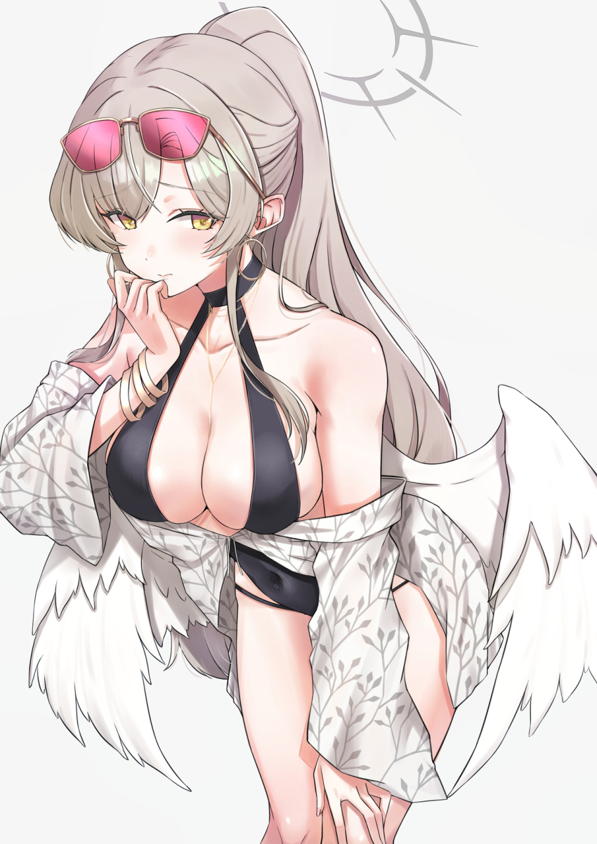 1girl asya bare_shoulders black_one-piece_swimsuit blue_archive blush breasts closed_mouth earrings embarrassed eyewear_on_head grey_hair halo highres jewelry large_breasts leaning_forward looking_at_viewer nagisa_(blue_archive) nagisa_(swimsuit)_(blue_archive) off_shoulder official_alternate_costume one-piece_swimsuit ponytail red-tinted_eyewear simple_background solo sunglasses swimsuit tinted_eyewear white_background white_wings wings yellow_eyes
