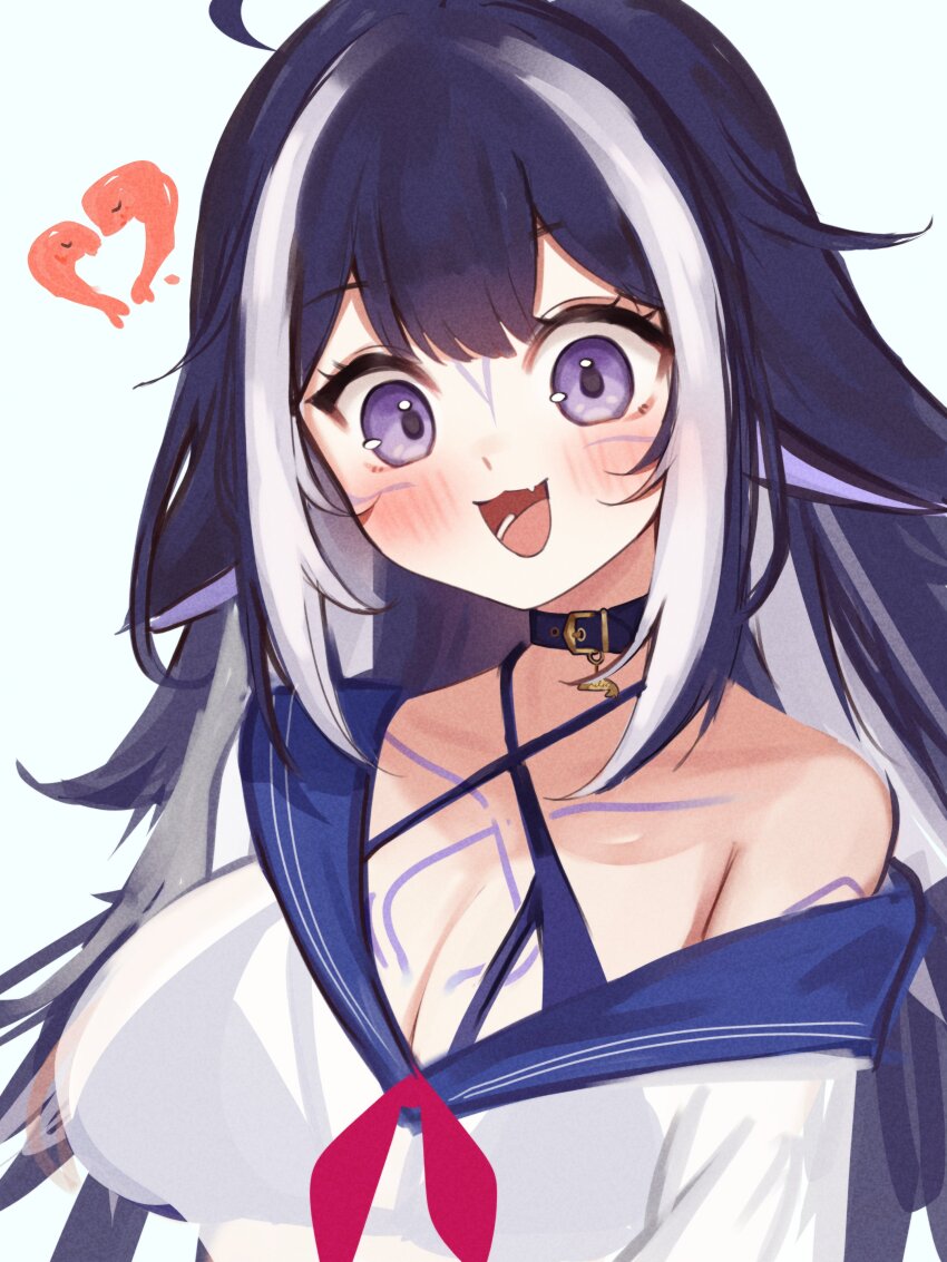 1girl absurdres ahoge animal_ears belt_collar bikini bikini_under_clothes black_collar black_hair blue_bikini blue_sailor_collar blush body_markings breasts cleavage collar facial_mark fang halterneck heart heart_ahoge highres indie_virtual_youtuber large_breasts looking_at_viewer multicolored_hair open_mouth purple_eyes sailor_collar school_uniform see-through_clothes see-through_shirt serafuku shirt shylily shylily_(1st_costume) skin_fang sky_above_me smile solo streaked_hair swimsuit virtual_youtuber white_hair white_serafuku white_shirt