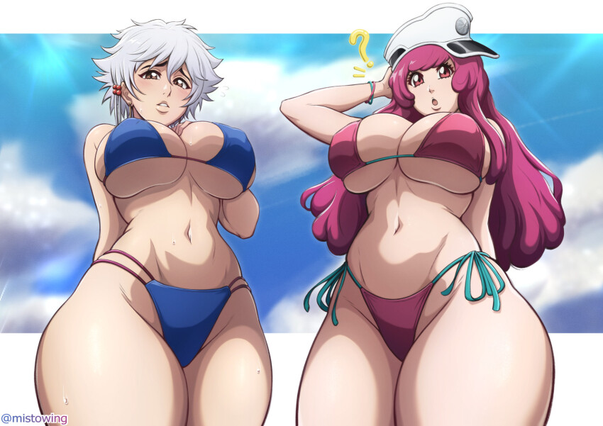 2girls arm_behind_head artist_name bikini bleach bleach:_sennen_kessen-hen breasts cloud hat highres kotetsu_isane large_breasts lips long_hair meninas_mcallon military_hat mistowing multiple_girls open_mouth purple_hair short_hair sidelocks sky swimsuit thighs white_hair