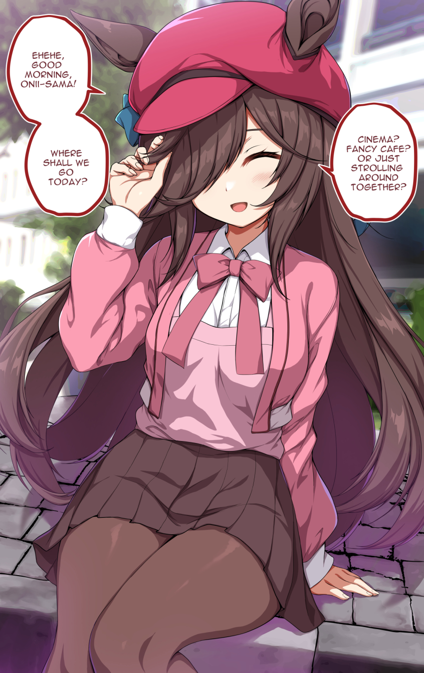 1girl alternate_costume animal_ears black_hair blurry blurry_background breasts closed_eyes commentary commentary_request english_commentary english_text hair_between_eyes hair_ornament hat highres horse_ears horse_girl horse_tail looking_at_viewer open_mouth rice_shower_(umamusume) sheita sitting solo tail umamusume