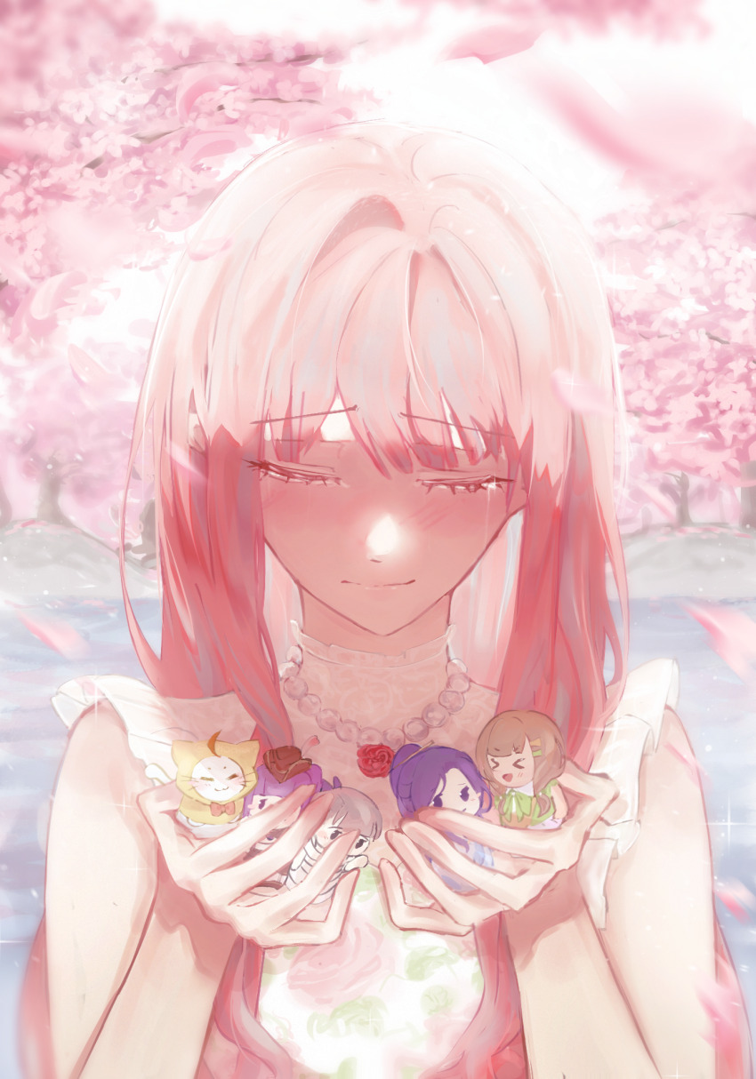 1girl ace_(miracle_nikki) bare_arms bare_shoulders bead_necklace beads bobo_(miracle_nikki) cherry_blossoms closed_eyes closed_mouth commentary crying day dot_nose dress eyelashes falling_petals figure flower flower_necklace frilled_dress frills highres holding holding_toy jewelry kimi_(miracle_nikki) long_hair lunar_(miracle_nikki) miracle_nikki mochaari momo_(nikki) necklace nikki_(nikki) nikki_(series) outdoors petals pink_flower pink_hair red_flower red_rose river rose sad_smile shirt sidelocks sleeveless sleeveless_shirt solo sparkle spring_(season) straight-on streaming_tears tears toy turtleneck turtleneck_dress upper_body very_long_hair white_dress