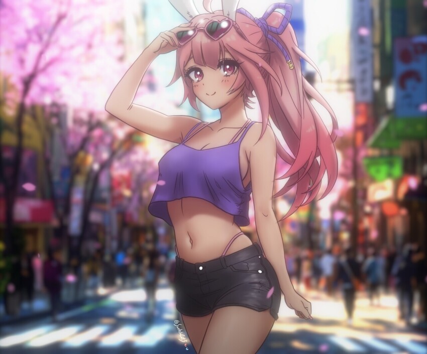 1girl adjusting_eyewear ahoge animal_ears arm_at_side arm_up asymmetrical_sidelocks bare_arms bare_shoulders black_shorts blurry blurry_background blush bra_strap breasts camisole cherry_blossoms city cleavage closed_mouth collarbone cowboy_shot crop_top crop_top_overhang crossed_legs crosswalk diagonal_bangs eyebrows eyelashes eyewear_on_head hair_between_eyes hair_ornament hand_on_eyewear heart-shaped_glasses highleg indie_virtual_youtuber long_hair long_sidelocks looking_at_viewer medium_breasts midriff navel outdoors panty_straps photo_background pink_eyes pink_hair ponytail purple_camisole rabbit_ears remi_vespertine short_shorts shorts sideboob sidelocks smile solo solo_focus standing sunglasses switchcat3 tree twitter_username