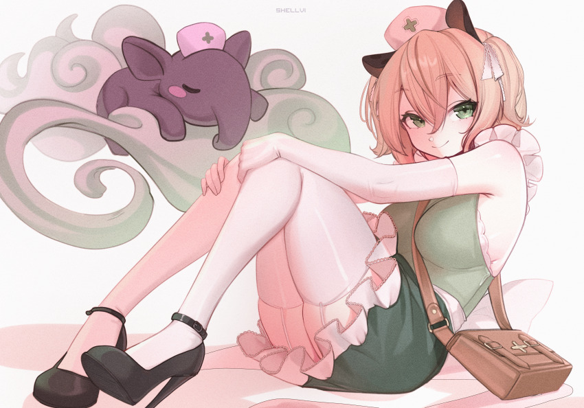 1girl absurdres alternate_costume alternate_hairstyle animal_ears bag black_shoes breasts brown_hair closed_mouth crossed_bangs elbow_gloves frilled_skirt frills full_body garter_straps gloves green_eyes green_shirt green_skirt hair_between_eyes hair_ribbon hands_on_own_knees hat high_heels highres indie_virtual_youtuber knees_up large_breasts looking_at_viewer miniskirt nimi_nightmare nurse_cap ribbon shellvi shirt shoes short_hair shoulder_bag simple_background sitting skirt sleeveless sleeveless_shirt smile solo strappy_heels tapir_ears tapir_girl two_side_up virtual_youtuber white_background white_gloves
