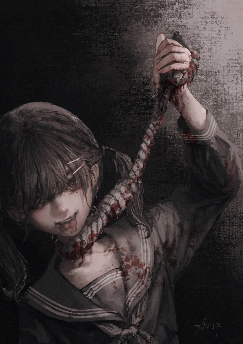 1girl absurdres arai_bokuseki blood blood_on_clothes blood_on_hands blood_on_rope blunt_bangs brown_eyes brown_hair brown_serafuku brown_theme hair_ornament hairclip highres holding holding_rope horror_(theme) original piercing rope rope_around_neck school_uniform serafuku smile solo teeth tongue tongue_out tongue_piercing twintails