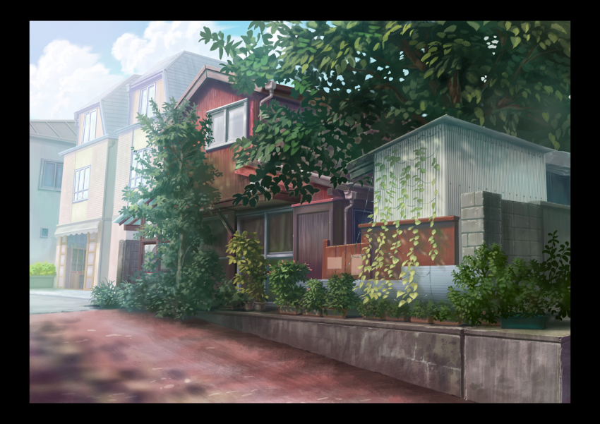 1984d blue_sky building cloud cloudy_sky day house no_humans original plant scenery sky tree urban