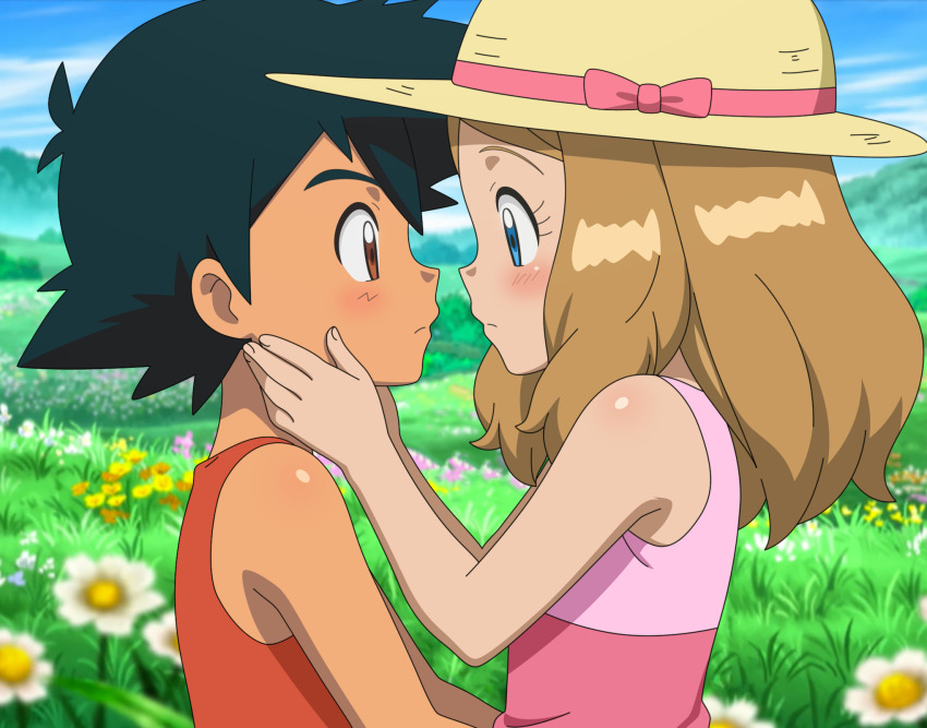 1boy 1girl aged_down ash_ketchum black_hair blue_eyes blush bow brown_eyes closed_mouth cloud commentary_request day eye_contact eyelashes field flower from_side grass hands_up hat hat_bow hetero highres jitan_(jjvm4477) long_hair looking_at_another nintendo orange_shirt outdoors pink_bow pokemon pokemon_(anime) pokemon_xy_(anime) serena_(pokemon) shirt sky sleeveless sleeveless_shirt upper_body yellow_hat