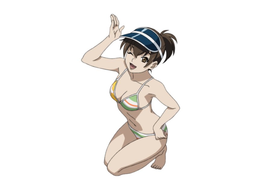 bikini breasts brown_eyes brown_hair ga-rei ga-rei_zero highres kneeling medium_breasts medium_hair official_art one_eye_closed ponytail swimsuit wink yanase_chizuru