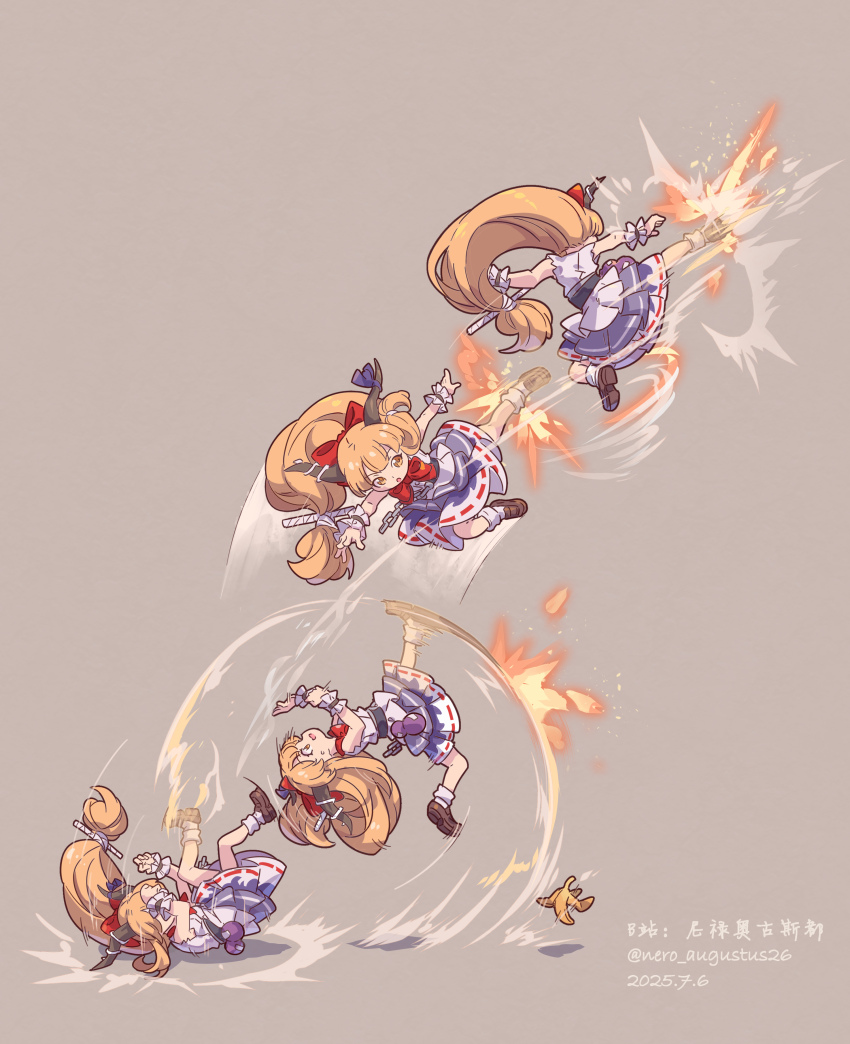 1girl absurdres artist_name banana_peel bow brown_eyes brown_hair brown_shoes chinese_commentary commentary_request dated dress falling fighting_game flying_kick gourd hair_bow highres horn_bow horn_ornament horns ibuki_suika jamie_siu kicking long_hair low-tied_long_hair lying nero_augustus on_back red_bow shoes simple_background slipping socks street_fighter street_fighter_6 touhou twitter_username white_dress white_socks