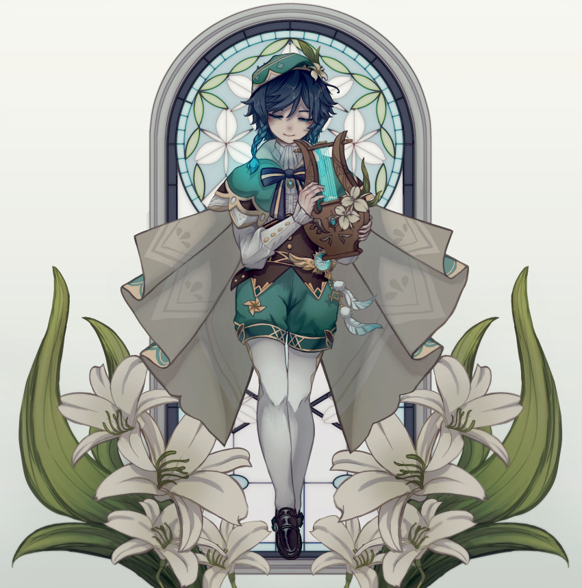1boy absurdres aqua_eyes aqua_hair bard beret black_hair braid cape closed_mouth collared_cape flower genshin_impact gradient_hair green_cape green_hat green_shorts half-closed_eyes hat hat_flower highres holding holding_instrument holding_lyre instrument leaf lyre male_focus multicolored_hair shorts simple_background smile solo stella_last twin_braids venti_(genshin_impact) white_background white_flower window