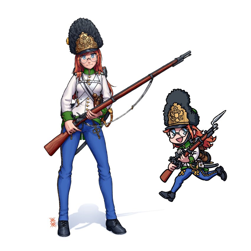 1girl absurdres antique_firearm austria bayonet bearskin_cap bedroll belt black_footwear blue_eyes blue_pants breasts buttons canteen chibi closed_mouth collar commentary cross-laced_footwear firearm firelock flintlock freckles full_body glasses gold_trim green_collar green_wrist_cuffs gun gun_sling hat highres holding holding_gun holding_weapon imperial_austrian_army jacket legs_apart long_hair long_sleeves looking_at_viewer military military_uniform musket open_mouth orange_hair original ostwindprojekt pants pouch round_eyewear running scabbard shadow sheath sheathed shoulder_boards simple_background siri_jay small_breasts smile solo standing sword weapon white_background white_belt white_jacket wrist_cuffs