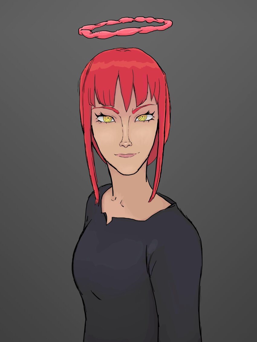 1girl absurdres black_dress chainsaw_man closed_mouth dress eyelashes glitch2209 halo highres looking_at_viewer makima_(chainsaw_man) red_hair ringed_eyes simple_background smile solo yellow_eyes