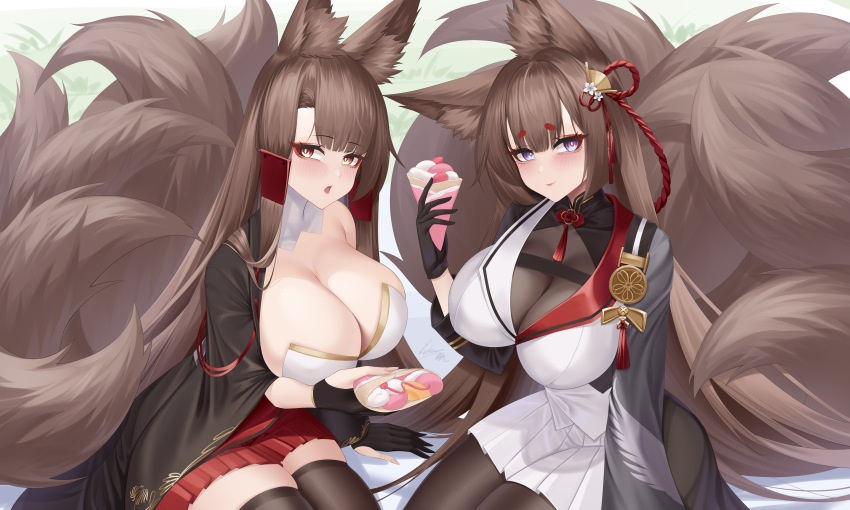 2girls absurdres akagi_(azur_lane) amagi_(cv)_(azur_lane) animal_ears azur_lane black_gloves black_kimono breasts brown_hair brown_pantyhose brown_tail brown_thighhighs cleavage eyeliner fox_ears fox_girl fox_tail gloves highres huge_breasts ichikushi_mojibake japanese_clothes kimono kitsune kyuubi long_hair long_sleeves looking_at_viewer makeup multiple_girls multiple_tails pantyhose partially_fingerless_gloves pleated_skirt purple_eyes red_eyeliner red_eyes red_skirt see-through_cleavage see-through_clothes siblings sisters sitting skirt tail thighhighs very_long_hair wide_sleeves zettai_ryouiki