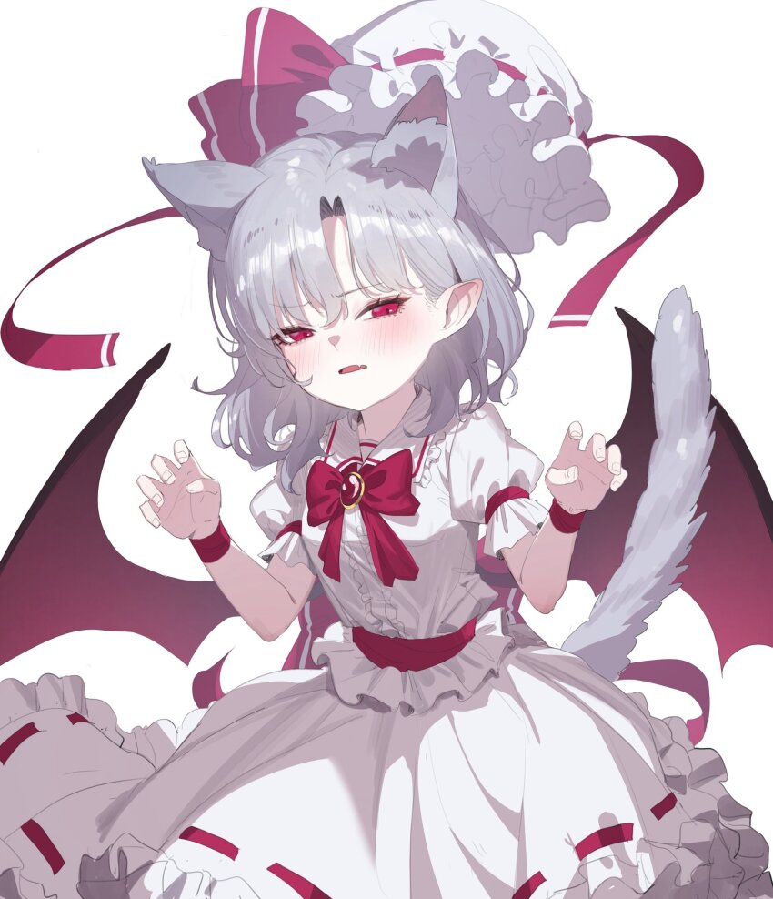 1girl animal_ear_fluff animal_ears bat_wings blush bow bowtie cat_ears cat_tail center_frills claw_pose collared_shirt cowboy_shot fang frilled_shirt_collar frills hat hat_ribbon heoningu highres kemonomimi_mode looking_at_viewer medium_hair mob_cap parted_lips pointy_ears puffy_short_sleeves puffy_sleeves purple_hair red_bow red_bowtie red_eyes red_ribbon remilia_scarlet ribbon ribbon-trimmed_skirt ribbon_trim shirt short_sleeves skin_fang skirt solo tail touhou white_background white_hat white_shirt white_skirt wings wrist_cuffs