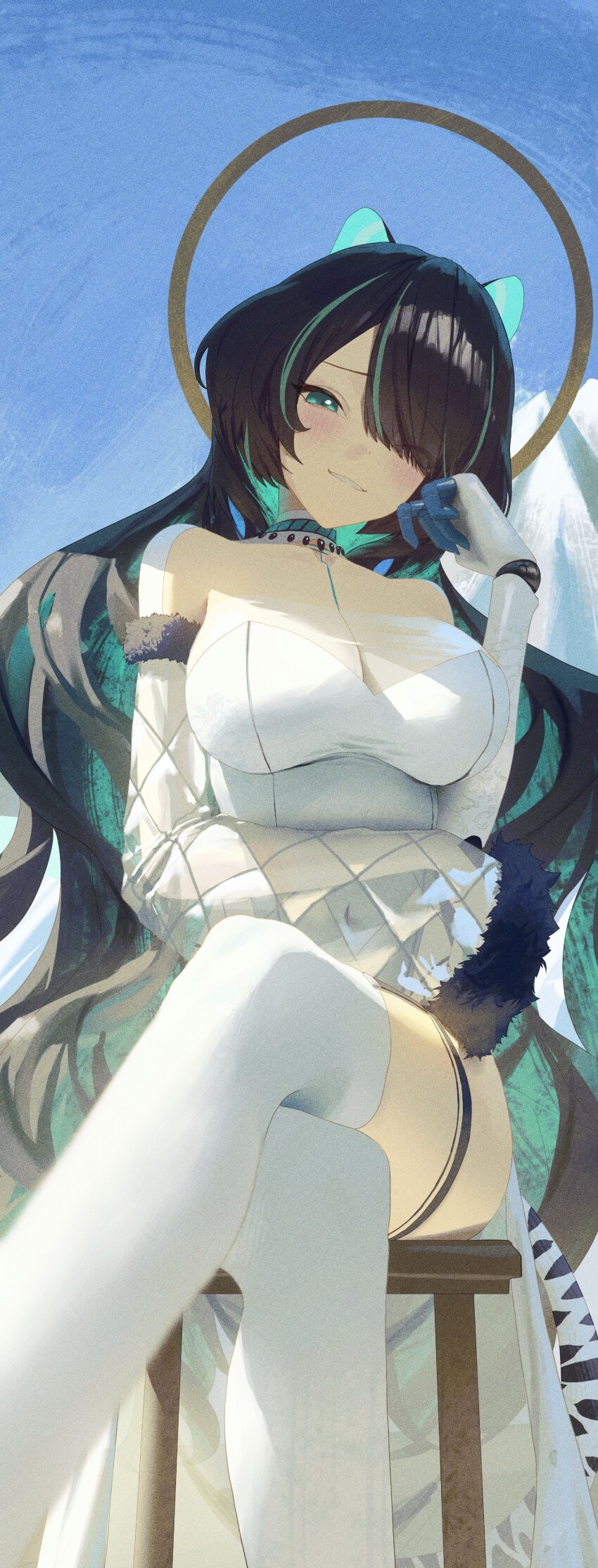 1girl absurdres animal_ears black_hair breasts colored_inner_hair commentary commission crossed_legs detached_collar detached_sleeves dress english_commentary erina_makina feet_out_of_frame fur-trimmed_sleeves fur_trim green_eyes green_hair halo hand_up highres large_breasts light_blush long_hair multicolored_hair one_eye_covered parted_bangs parted_lips phase_connect prosthesis prosthetic_arm rifu002 see-through_clothes see-through_sleeves single_detached_sleeve sitting solo stool tail thigh_strap thighhighs tiger_ears tiger_girl tiger_tail very_long_hair vgen_commission virtual_youtuber white_dress white_thighhighs