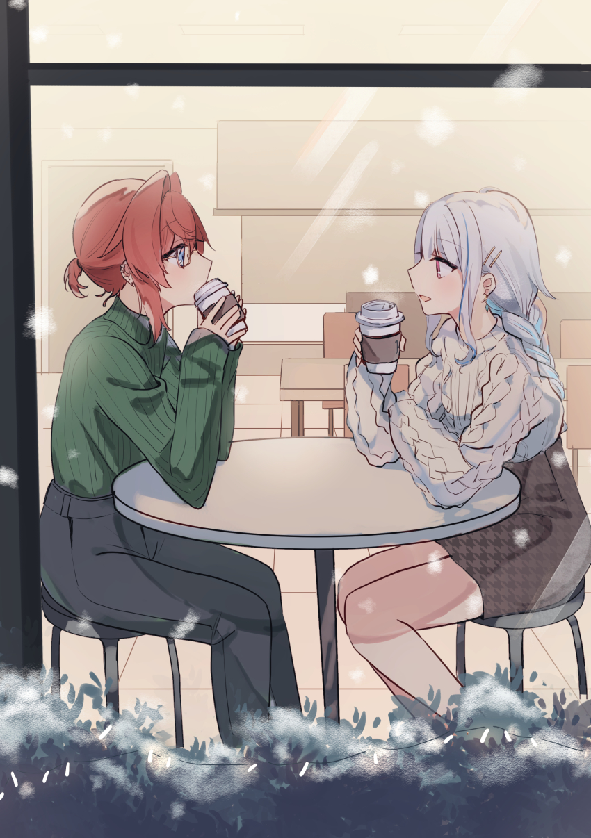 2girls absurdres ange_katrina arm_rest black_pants blue_eyes blue_hair brown_skirt chair cup drinking from_side glasses hair_intakes highres lize_helesta long_sleeves looking_at_another matsuzaka_(matsuzakagyu_29) multicolored_hair multiple_girls nijisanji open_mouth pants profile red_eyes red_hair ribbed_sweater sitting skirt smile snowing sweater turtleneck turtleneck_sweater two-tone_hair virtual_youtuber white_hair white_sweater window yellow-framed_eyewear