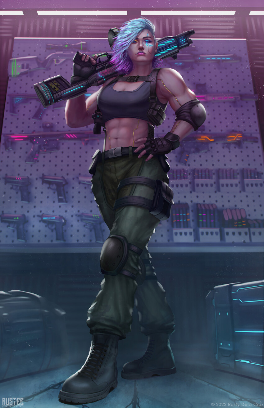 1girl abs absurdres armory assault_rifle bag blue_eyes blue_hair boots box cargo_pants cyberpunk_(series) cyberpunk_2077 cyborg duffel_bag elbow_pads fingerless_gloves gloves gun gun_rack handgun highres holding holding_gun holding_weapon knee_pads looking_down multicolored_hair muscular muscular_female original over_shoulder pants pink_hair prosthesis prosthetic_arm rifle rusty_dela_cruz shotgun sniper_rifle solo tank_top weapon weapon_over_shoulder