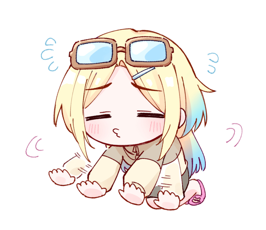 1girl afterimage blush brown-framed_eyewear brown_shirt chibi chibi_only closed_eyes eyewear_on_head facing_viewer full_body glasses grey_shorts kneeling link!_like!_love_live! long_sleeves looking_for_glasses love_live! motion_lines o3o official_alternate_costume osawa_rurino osawa_rurino_(summer_loungewear) parted_bangs pink_slippers raised_inner_eyebrows shirt shorts simple_background slippers solo virtual_youtuber white_background zangemiya