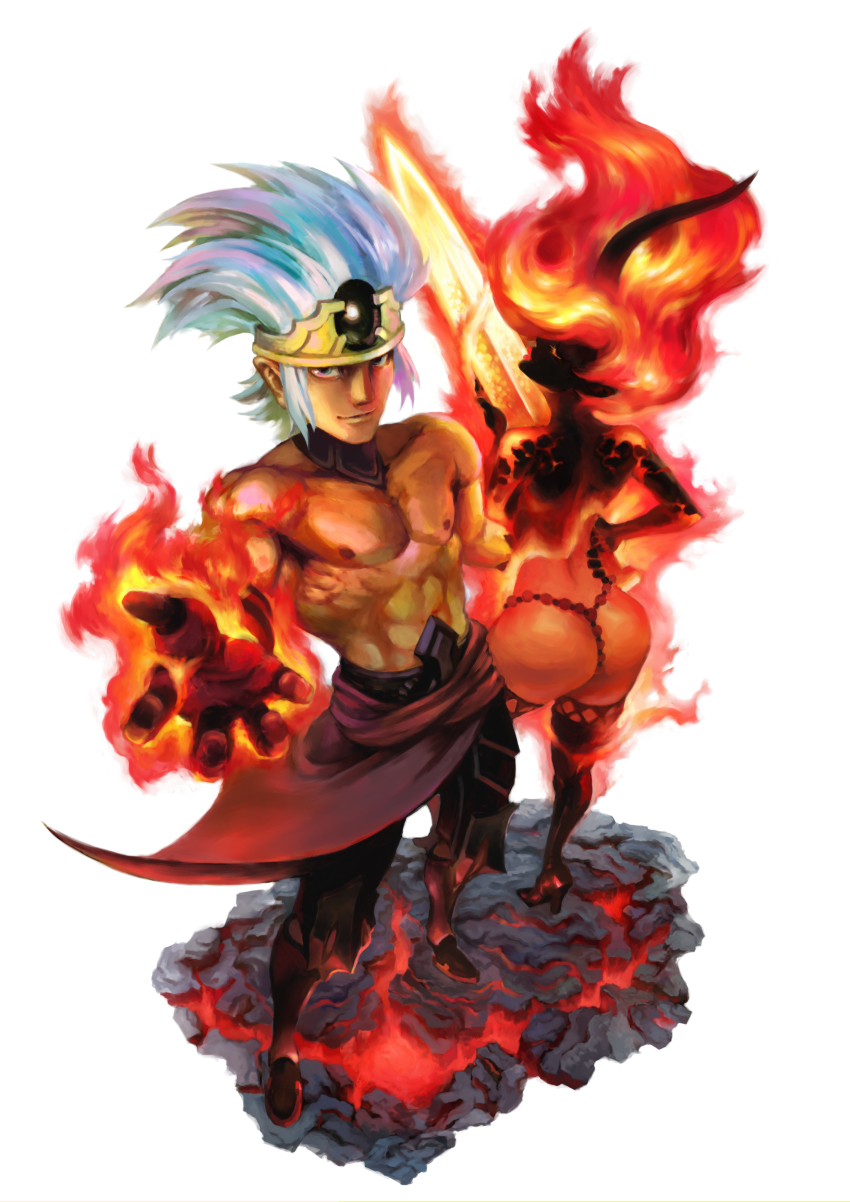 1boy 1girl abs absurdres ass blue_eyes blue_hair boots crown dark_skin demon_girl closed_eyes fire high_heels highres horns kamitani_george odin_sphere official_art onyx onyx_(odin_sphere) panties perspective topless_male shoes single_horn thigh_boots thighhighs thong underwear vanillaware vulcan_(odin_sphere)