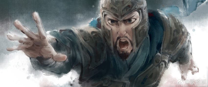 1boy armor black_eyes chinese_armor facial_hair faux_traditional_media goatee grey_background helmet highres ink_wash_painting li_jing_(nezha_zhi_motong_jiangshi) looking_at_viewer male_focus mature_male mustache nezha_zhi_motong_jiangshi official_art open_hand open_mouth outstretched_arm outstretched_hand shoulder_armor solo teeth upper_body v-shaped_eyebrows watermark weibo_watermark wenxu_xu