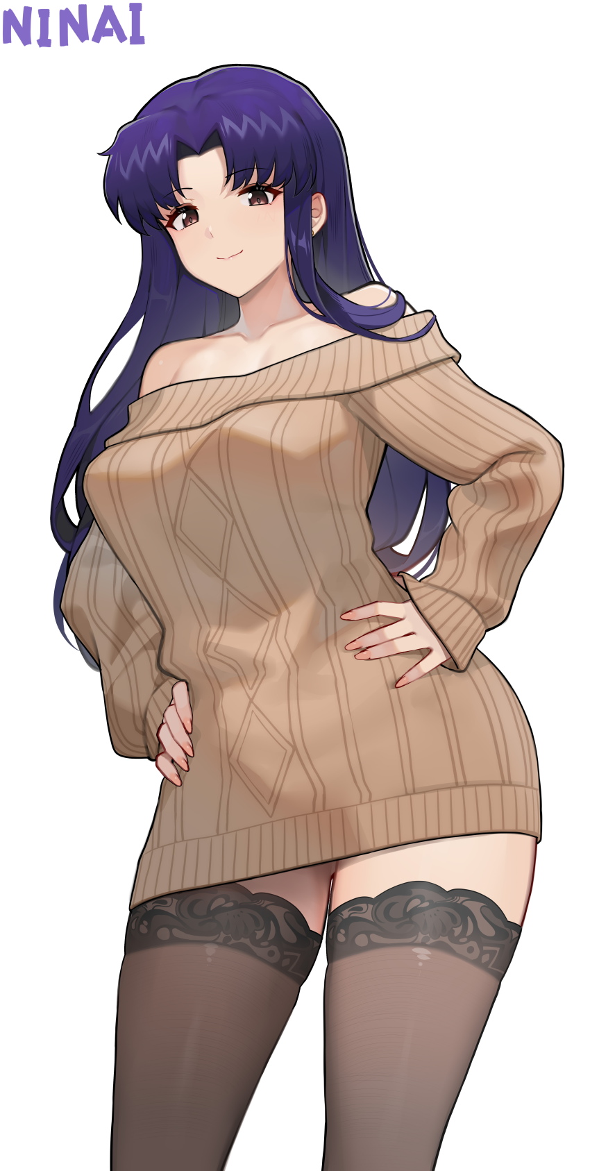 1girl absurdres artist_name bare_shoulders black_thighhighs breasts brown_sweater commentary dress hand_on_own_hip highres katsuragi_misato large_breasts long_hair looking_at_viewer neon_genesis_evangelion ninai purple_hair simple_background smile solo sweater sweater_dress thighhighs thighs variant_set white_background
