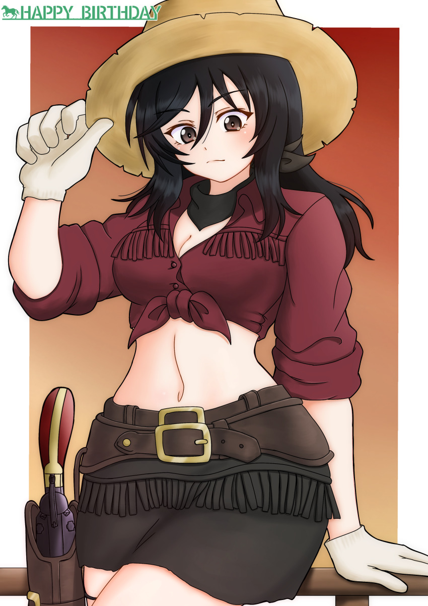 1girl absurdres adjusting_clothes adjusting_headwear amanone_yun bandana belle_(girls_und_panzer) belt birthday black_bandana black_belt black_eyes black_hair black_skirt breasts brown_hat cleavage commentary cowboy_shot fringe_trim front-tie_top girls_und_panzer gloves grey_gloves gun handgun happy_birthday hat highres holster long_sleeves looking_at_viewer medium_breasts medium_hair midriff miniskirt navel railing red_shirt revolver shirt skirt sleeves_rolled_up solo standing straw_hat weapon