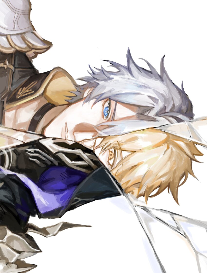 1boy absurdres alternate_form antenna_hair armor black_choker black_cloak black_shirt blonde_hair blue_eyes choker cloak crack cracked_glass eva0951120 flame_reaver_of_the_deepest_dark hashtag-only_commentary highres honkai:_star_rail honkai_(series) hood hood_up hooded_cloak male_focus multiple_forms parted_lips pauldrons phainon_(honkai:_star_rail) phainon_(khaslana)_(honkai:_star_rail) shirt short_hair shoulder_armor sideways single_pauldron solo white_hair yellow_eyes
