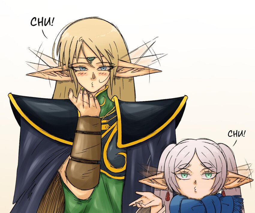 2girls armor basedlida blonde_hair blowing_kiss blue_eyes blush crossover deedlit elf frieren green_eyes height_difference looking_at_viewer multiple_girls pauldrons pointy_ears record_of_lodoss_war scarf shoulder_armor sousou_no_frieren white_background white_hair