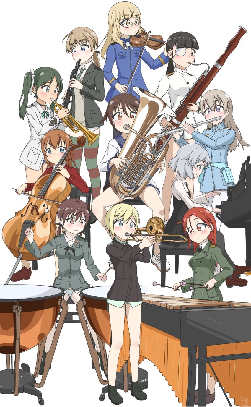 501st_joint_fighter_wing 6+girls artist_request black_hair black_pantyhose blonde_hair blue_jacket brown_hair cello charlotte_e._yeager eila_ilmatar_juutilainen erica_hartmann eyepatch francesca_lucchini french_horn gertrud_barkhorn glasses green_jacket green_necktie highres instrument jacket long_hair lynette_bishop marimba military military_uniform minna-dietlinde_wilcke miyafuji_yoshika multiple_girls necktie no_pants orange_hair pantyhose perrine_h._clostermann piano red_hair sakamoto_mio sanya_v._litvyak school_uniform shoes short_hair simple_background sitting standing strike_witches striped_clothes striped_thighhighs thighhighs trumpet violin white_background white_jacket white_pantyhose world_witches_series