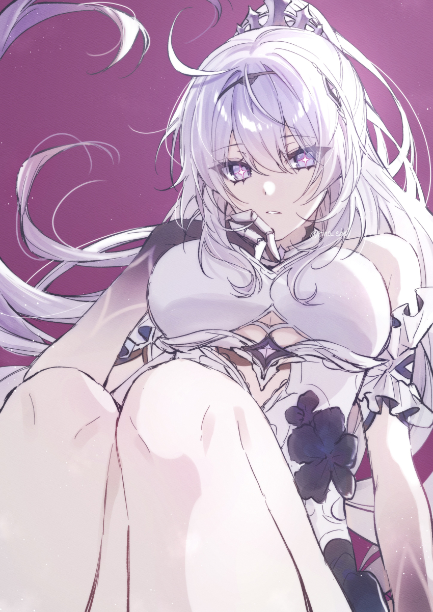 1girl absurdres blue_eyes breasts commentary dress english_commentary highres honkai_(series) honkai_impact_3rd kiana_kaslana kiana_kaslana_(herrscher_of_finality) knees_up large_breasts long_hair parted_lips ponytail purple_background rino_ebe sitting solo symbol-shaped_pupils white_dress white_hair