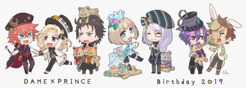 6+boys animal_ears birthday black_bow black_hair black_pants black_shoes blue_eyes bow braid bright_pupils brown_hair chrom_rem coat copyright_name crown dame_x_prince dated fang grey_eyes grey_pants hat highres holding holding_another&#039;s_wrist holding_paintbrush holding_stuffed_toy kemonomimi_mode lineup ruze_selen_el_phiriazar mare_selen_el_phiriazar monocle multiple_boys narek_ischl_de_milidonia open_mouth paintbrush pants piano_print purple_eyes purple_hair rabbit_ears riott_wolte ruei_(chicking) shoes skin_fang striped_hat stuffed_animal stuffed_toy sweatdrop teddy_bear theo_colton vino_von_lomzard white_coat white_pupils