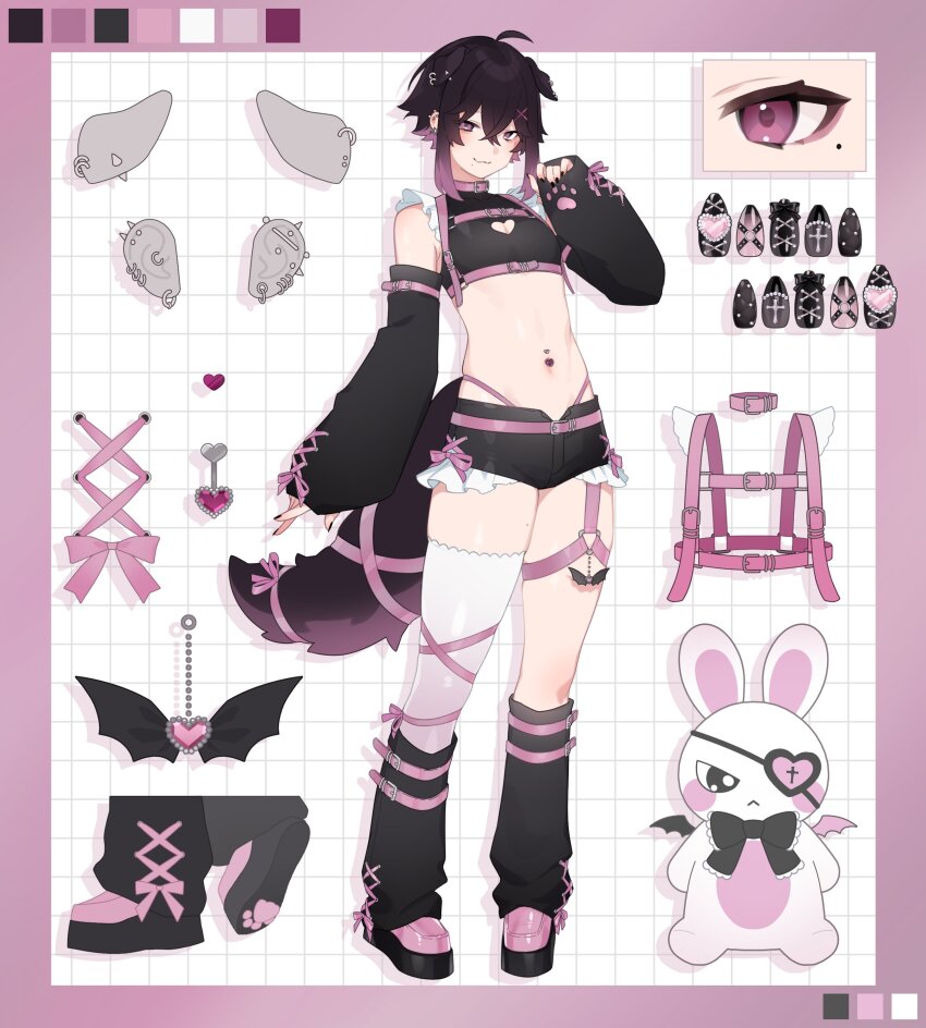 1boy absurdres ahoge animal_ears artist_self-insert bat_wings belt black_hair choker crop_top dog_boy dog_ears dog_tail fingernails frills highres indie_virtual_youtuber jacequilart joei_(vtuber) leg_warmers mogasako0827 multicolored_hair navel navel_piercing paw_print_soles piercing pink_eyes pink_hair rabbit reference_sheet short_shorts shorts stuffed_animal stuffed_rabbit stuffed_toy tail trap virtual_youtuber wings