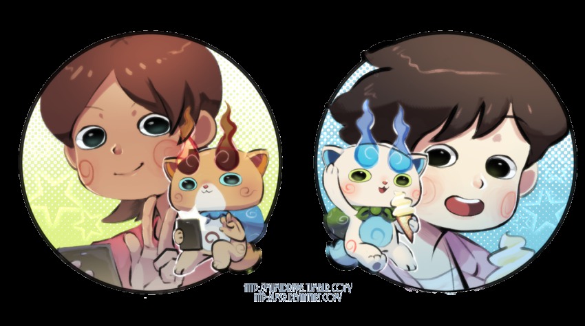 10s 2boys abbreviated_karakusa black_hair blush brothers brown_hair cellphone dual_persona food furoshiki ice_cream ice_cream_cone komajirou komasan looking_at_viewer male_focus multiple_boys mumi_(lmr) open_mouth personification phone siblings smile soft_serve star_(symbol) tan transparent_background v watermark web_address traditional_youkai youkai_watch
