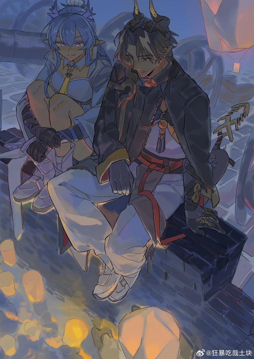 1boy 1girl absurdres arknights black_hair blue_hair bolo_tie brother_and_sister cannon chinese_commentary chongyue_(arknights) closed_mouth colored_extremities commentary_request corrn earrings eyes_visible_through_hair full_body hair_between_eyes hand_on_own_wrist highres jewelry knees_to_chest ling_(arknights) long_hair looking_down multicolored_hair pants pointy_ears purple_eyes red_eyes siblings sitting smile split_mouth streaked_hair watermark weibo_watermark white_hair white_pants