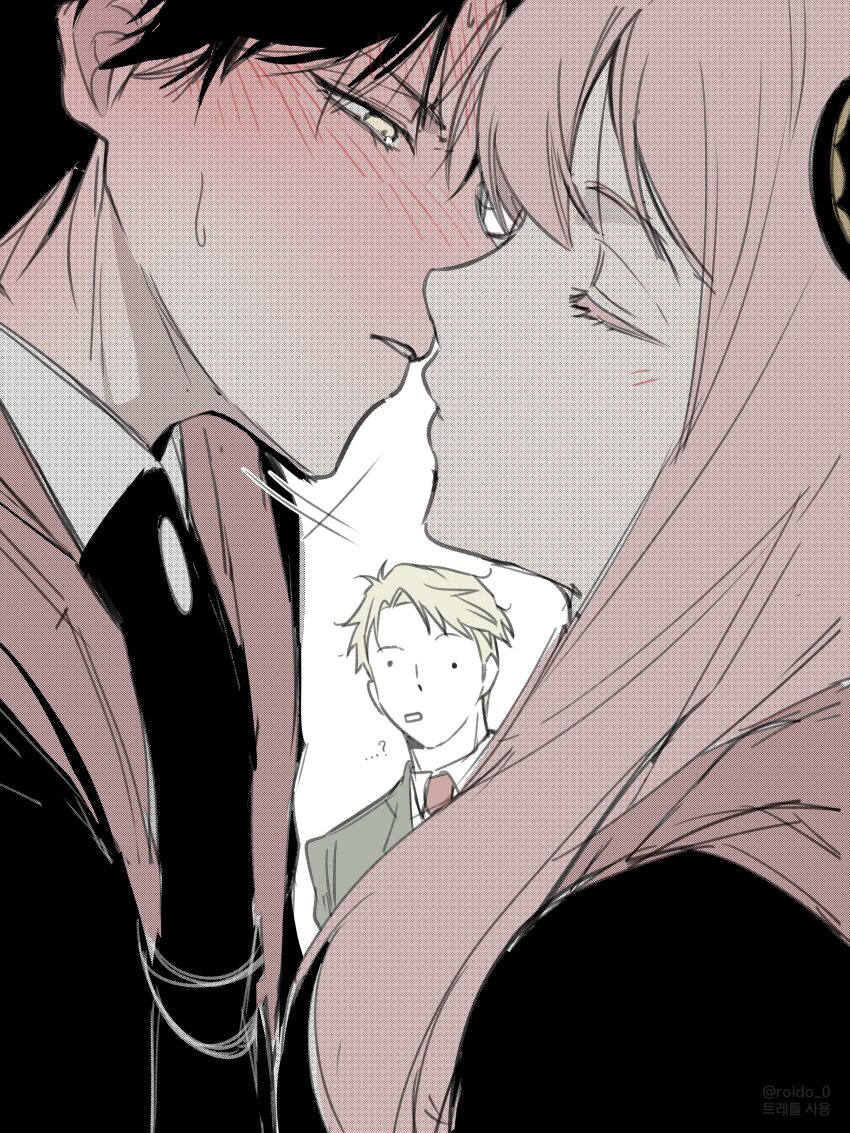 ...? 1girl 2boys :o absurdres aged_up anya_(spy_x_family) black_hair black_necktie black_robe blonde_hair blush caught closed_eyes commentary_request damian_desmond father_and_daughter hetero highres imminent_kiss korean_commentary long_hair looking_at_another multiple_boys necktie pink_hair robe roido_0 simple_background spy_x_family sweatdrop twilight_(spy_x_family) white_background