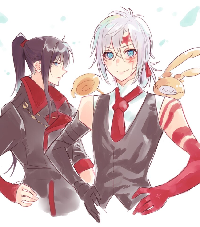 2boys allen_walker bare_shoulders black_coat black_order_uniform black_vest blue_eyes body_markings coat collared_coat colored_extremities creature creature_on_shoulder d.gray-man facial_mark gauntlets george_man golem_(d.gray-man) hair_between_eyes hair_ribbon hands_on_own_hips high_ponytail highres kanda_yuu long_hair looking_at_another looking_at_viewer low_ponytail medium_hair military military_uniform multiple_boys necktie on_shoulder ponytail purple_hair red_necktie red_ribbon red_stripes red_wrist_cuffs ribbon scar scar_on_face sharp_teeth shirt short_ponytail sidelocks single_gauntlet sleeveless sleeveless_shirt smile star_(symbol) star_facial_mark striped_coat tail teeth timcanpy vest white_background white_hair white_shirt wings wrist_cuffs
