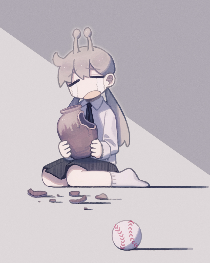 1girl antennae ball baseball baseball_(object) black_ribbon black_skirt broken_vase closed_eyes collared_shirt crying facing_viewer full_body furrowed_brow futami_ya grey_background grey_hair highres holding_vase long_hair long_sleeves low_twintails neck_ribbon open_mouth original pleated_skirt raised_eyebrows ribbon shards shirt simple_background sitting skirt socks solo streaming_tears tears twintails wariza white_shirt white_socks
