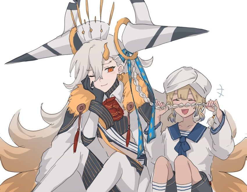 1boy 1girl androgynous ascot black_cape black_gloves black_shorts blue_hair blue_sailor_collar braid cape child closed_eyes commentary_request dark-skinned_male dark_skin fate/grand_order fate_(series) fur-trimmed_cape fur_trim gloves gradient_hair hat head_rest highres horns korean_commentary long_hair long_sleeves looking_at_another looking_to_the_side marine_nemo_(fate) multicolored_hair nekwnek nemo_(fate) olga_marie_animusphere one_eye_closed orange_hair red_ascot sailor_collar sailor_shirt shirt short_sleeves shorts simple_background single_horn sitting smile symbol-shaped_pupils two-tone_hair u-olga_marie very_long_hair white_background white_cape white_hat white_shirt yellow_horns