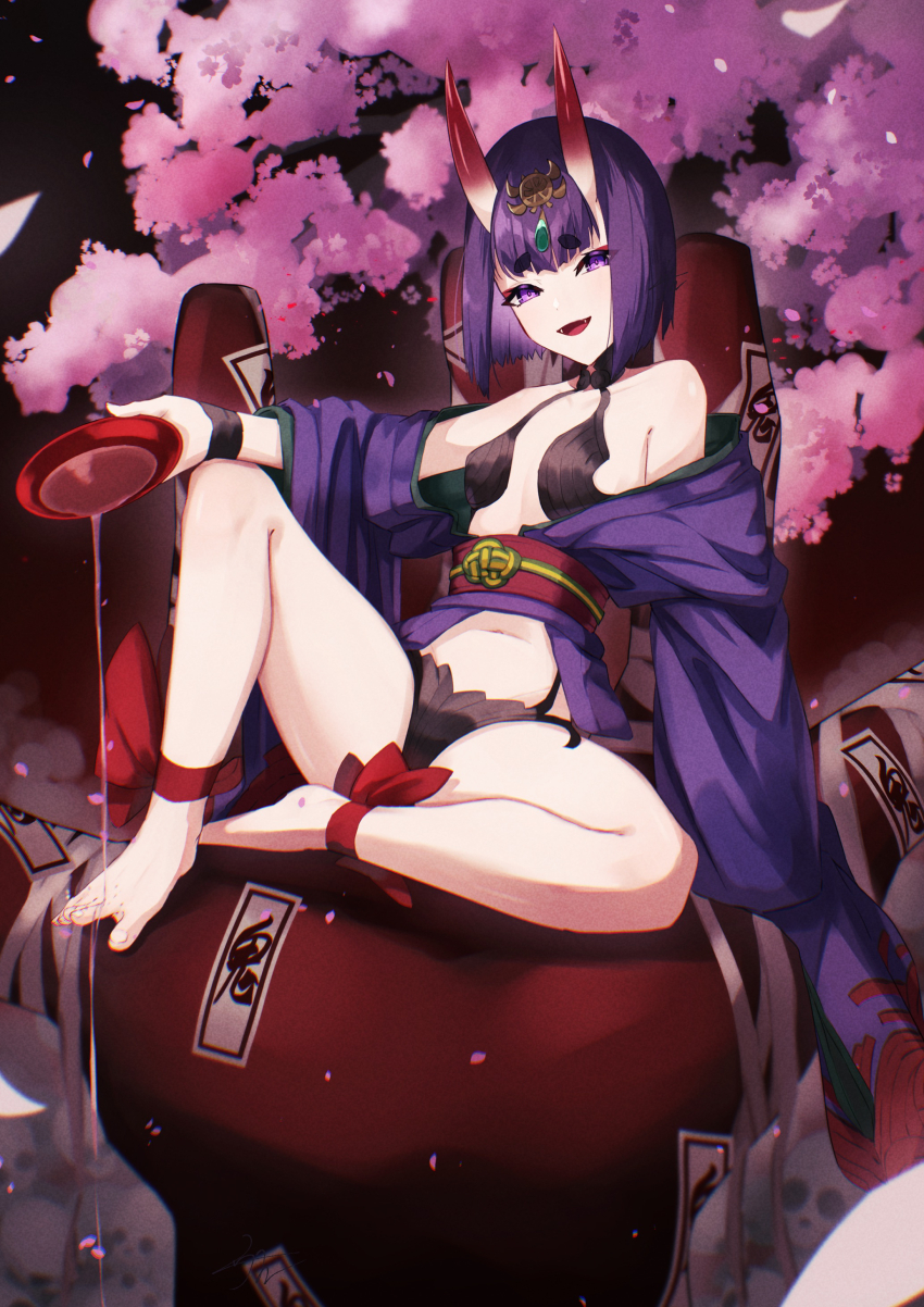 1girl absurdres alcohol ankle_ribbon bare_shoulders barefoot breasts cherry_blossoms collarbone cup eyeliner fate/grand_order fate_(series) headpiece highres horns izanaware_game japanese_clothes kimono leg_ribbon long_sleeves looking_at_viewer makeup navel obi oni open_mouth purple_eyes purple_hair purple_kimono revealing_clothes ribbon sakazuki sake sash short_hair short_kimono shuten_douji_(fate) sitting skin-covered_horns small_breasts smile solo tree wide_sleeves