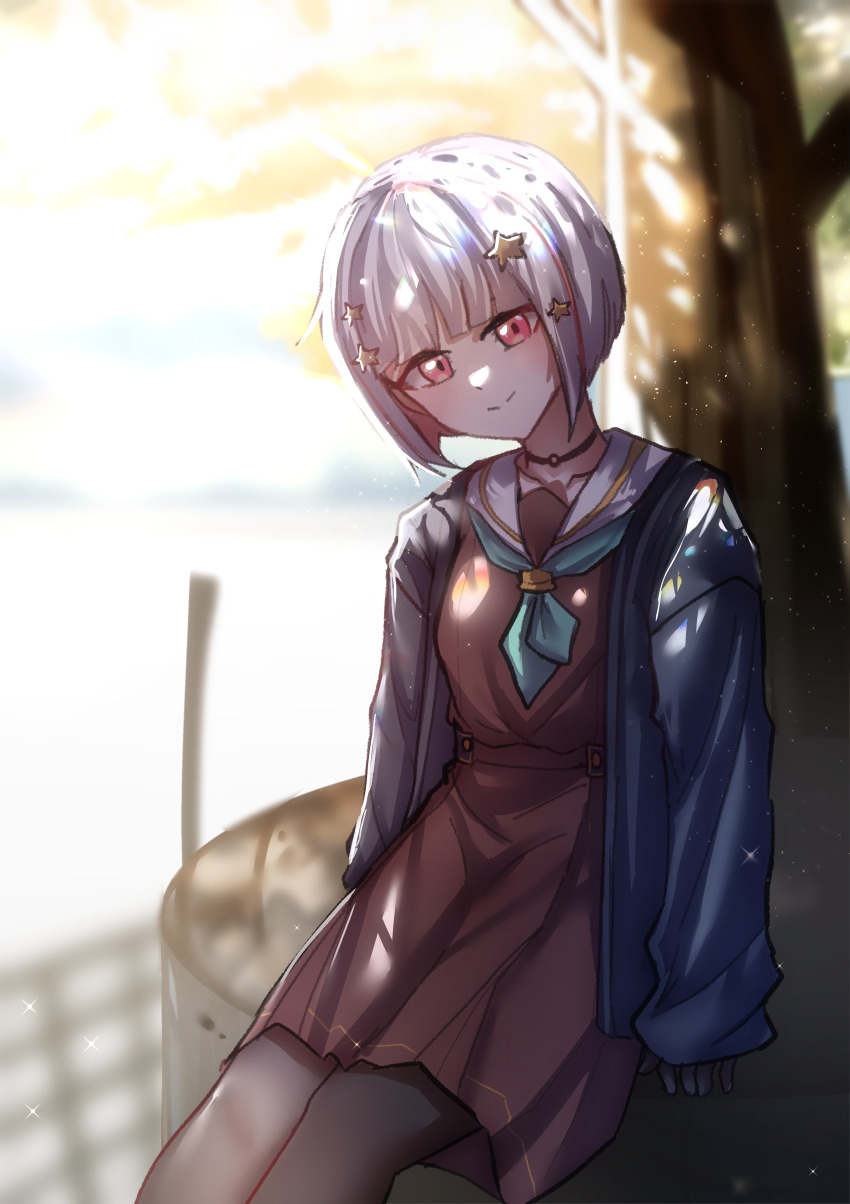 1girl absurdres highres link!_like!_love_live! long_sleeves looking_at_viewer love_live! medium_hair multicolored_hair outdoors over_flow99 pink_eyes solo two-tone_hair white_hair yugiri_tsuzuri