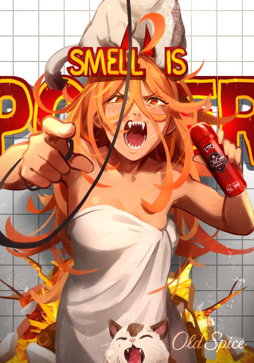 1girl absurdres animal animal_on_head bare_arms bare_shoulders blonde_hair blush bottle breasts cable cat cat_on_head chainsaw_man cleavage closed_eyes collarbone cowboy_shot cross-shaped_pupils hair_between_eyes highres holding holding_bottle khyle. large_breasts long_hair looking_at_viewer meowy_(chainsaw_man) naked_towel old_spice on_head power_(chainsaw_man) red_eyes sharp_teeth smile solo symbol-shaped_pupils teeth terry_crews tongue towel