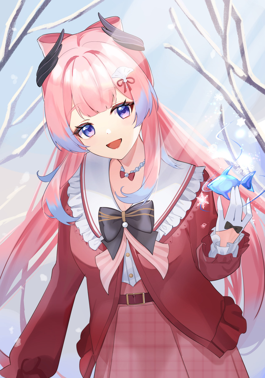 1girl :d absurdres black_bow blue_hair bow bow-shaped_hair colored_tips commentary_request day genshin_impact gloves hand_up highres jacket jewelry long_hair looking_at_viewer marufus multicolored_hair necklace official_alternate_costume open_mouth outdoors pearl_necklace pink_hair pink_skirt purple_eyes red_bow red_jacket sangonomiya_kokomi sangonomiya_kokomi_(sushiro) skirt smile solo sunlight very_long_hair white_gloves