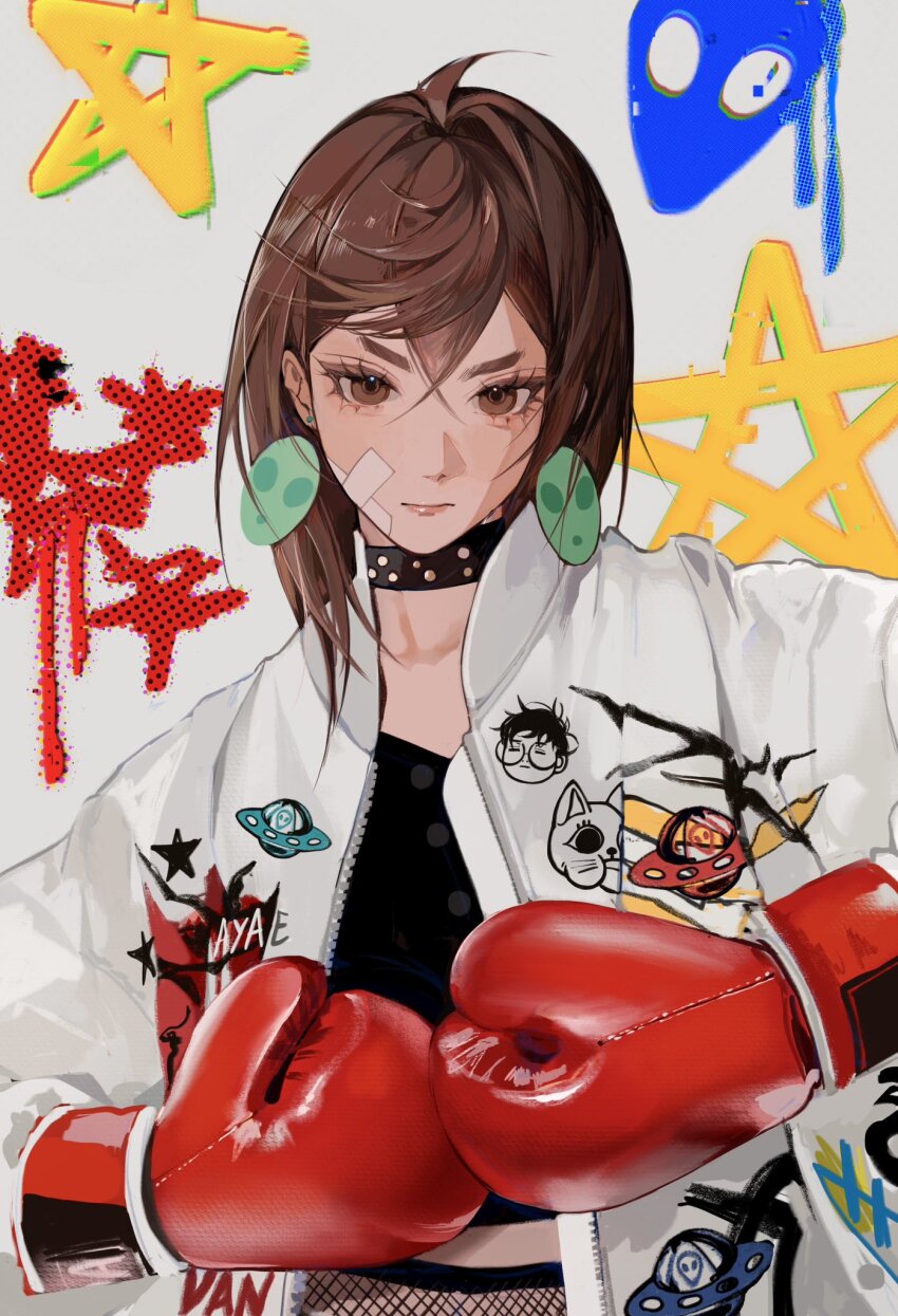 1girl alternate_costume ayase_momo bandaid bandaid_on_cheek bandaid_on_face black_choker black_shirt boxer boxing_gloves brown_eyes brown_hair character_print choker closed_mouth collarbone commentary cropped_shirt dandadan earrings english_commentary eyelashes floating_earring gloves hair_between_eyes highres jacket jewelry looking_at_viewer medium_hair midriff_peek open_clothes open_jacket pink_lips print_jacket red_gloves shirt solo star_(symbol) sumi_(suumiko_) takakura_ken_(dandadan) turbo_granny_(dandandan) ufo upper_body white_jacket