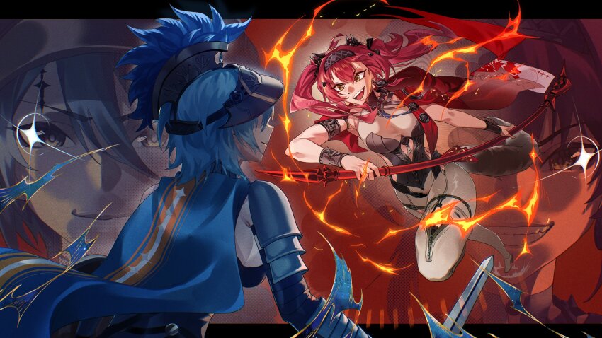 2girls absurdres armlet armor blue_hair bodysuit boots breastplate breasts collar commentary_request earrings faceoff gladiator hairband headgear highres holding holding_polearm holding_weapon jewelry leppib letterboxed looking_at_another lupa_(wuthering_waves) medium_breasts metal_collar metal_hairband multiple_girls mya_(wuthering_waves) open_mouth polearm red_hair red_sash sash short_hair smile tacet_mark_(wuthering_waves) tail thigh_boots twintails weapon white_bodysuit white_boots wolf_tail wrist_guards wuthering_waves yellow_eyes